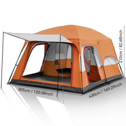 4/8/12-person outdoor family camping tent with a removable awning; spacious interior accommodates multiple people; multiple mesh windows provide ventilation and keep out mosquitoes; windproof, waterproof, and UV-resistant; su