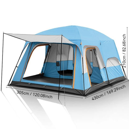 4/8/12-person outdoor family camping tent with a removable awning; spacious interior accommodates multiple people; multiple mesh windows provide ventilation and keep out mosquitoes; windproof, waterproof, and UV-resistant; su
