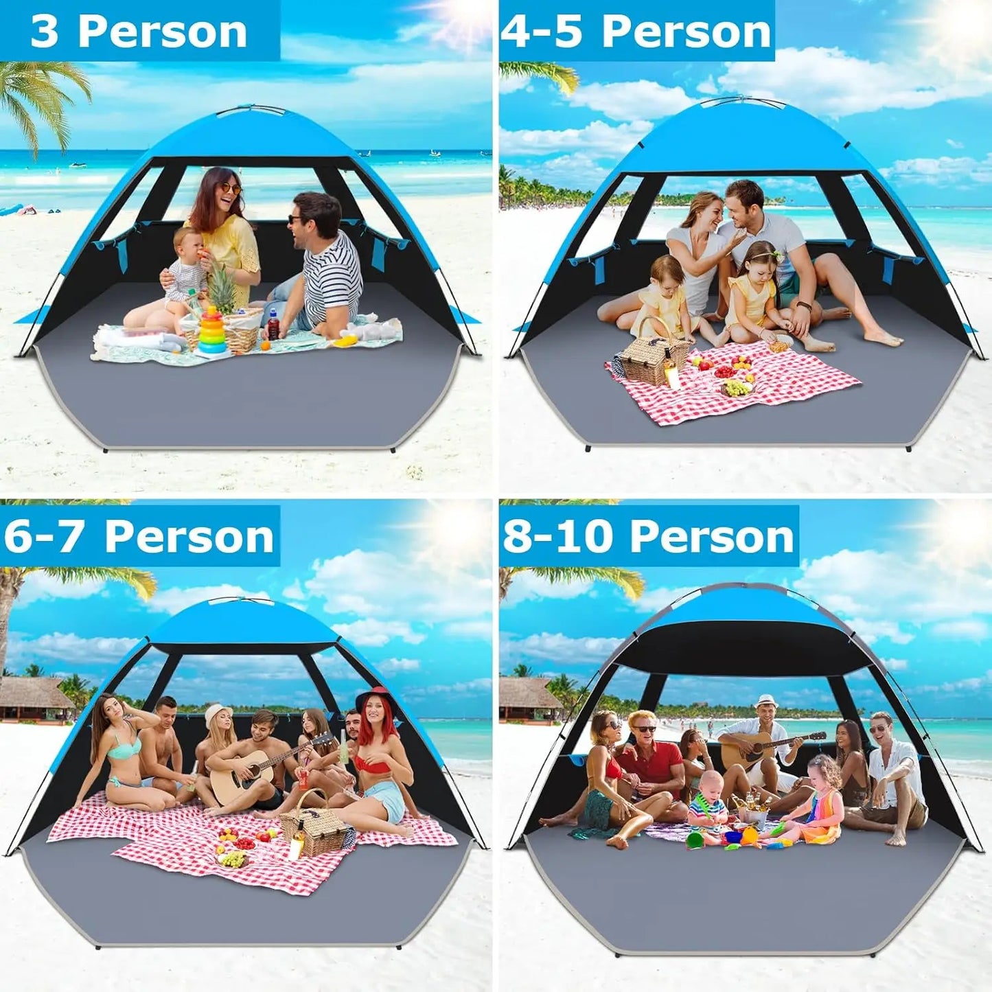 Beach Tent Sun Shelter for 3 4 6 8 10 Person with UPF 50 UV Protection Lightweight Easy Setup Beach Shade Canopy Portable