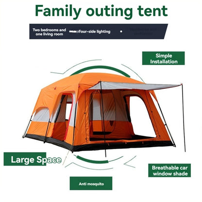 4/8/12-person outdoor family camping tent with a removable awning; spacious interior accommodates multiple people; multiple mesh windows provide ventilation and keep out mosquitoes; windproof, waterproof, and UV-resistant; su