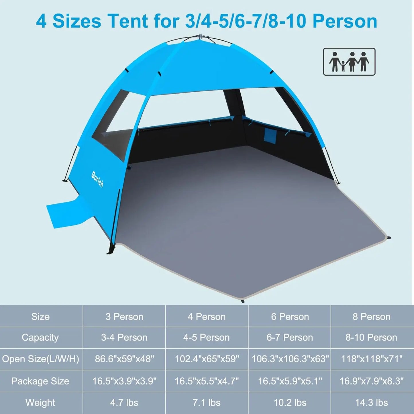 Beach Tent Sun Shelter for 3 4 6 8 10 Person with UPF 50 UV Protection Lightweight Easy Setup Beach Shade Canopy Portable