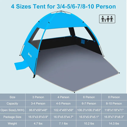 Beach Tent Sun Shelter for 3 4 6 8 10 Person with UPF 50 UV Protection Lightweight Easy Setup Beach Shade Canopy Portable
