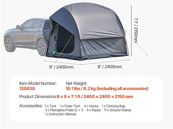 SUV Tent with Shade Awning and Mesh Windows