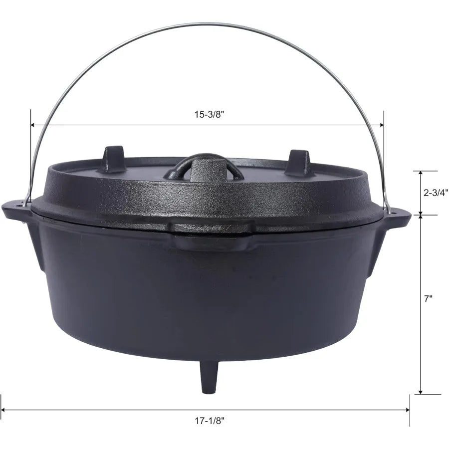 12 Quart Iron Dutch Oven Pot with Lid, Pre-Seasoned Cast Camping Pot with Legs&Carrying Handle,Deep Pot for Camping,Fireplace,Co