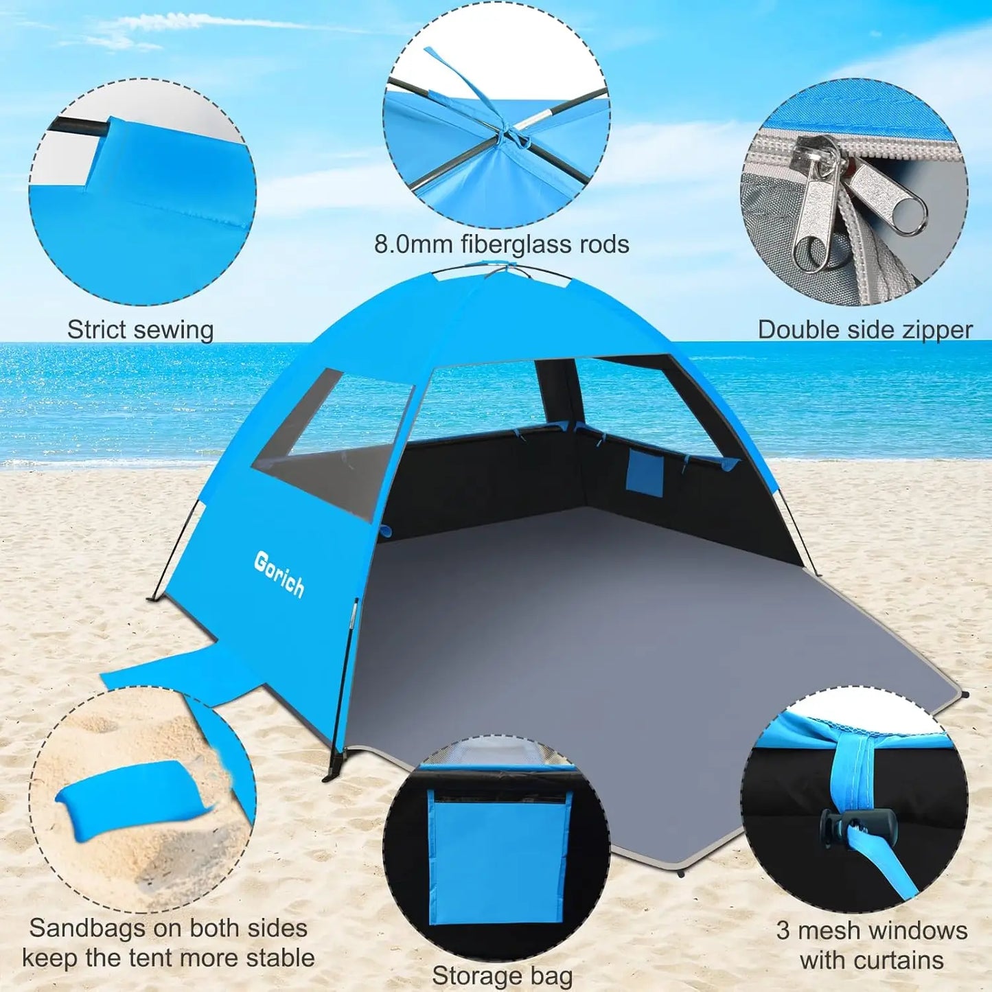 Beach Tent Sun Shelter for 3 4 6 8 10 Person with UPF 50 UV Protection Lightweight Easy Setup Beach Shade Canopy Portable