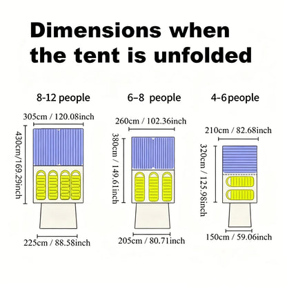4/8/12-person outdoor family camping tent with a removable awning; spacious interior accommodates multiple people; multiple mesh windows provide ventilation and keep out mosquitoes; windproof, waterproof, and UV-resistant; su