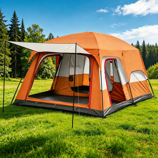 4/8/12-person outdoor family camping tent with a removable awning; spacious interior accommodates multiple people; multiple mesh windows provide ventilation and keep out mosquitoes; windproof, waterproof, and UV-resistant; su