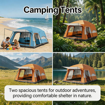 4/8/12-person outdoor family camping tent with a removable awning; spacious interior accommodates multiple people; multiple mesh windows provide ventilation and keep out mosquitoes; windproof, waterproof, and UV-resistant; su