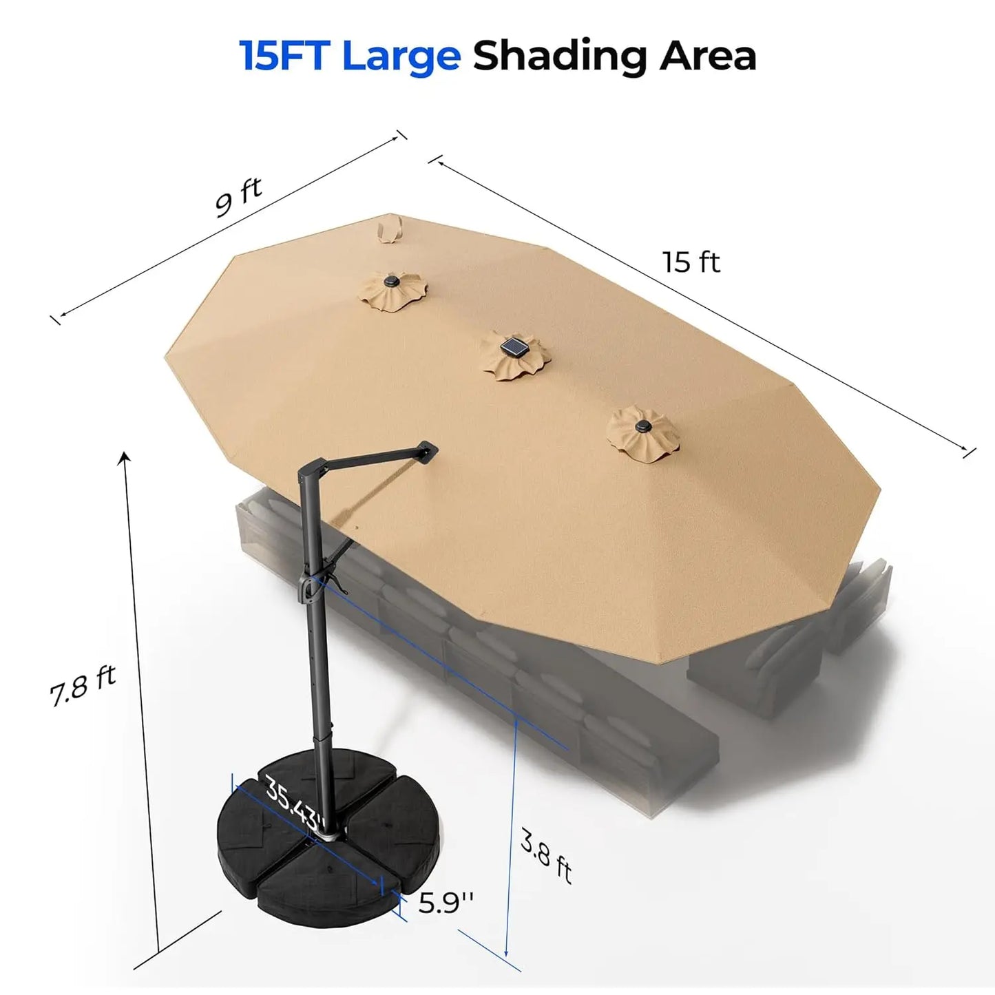 15FT Cantilever Umbrella with Solar Light & Base