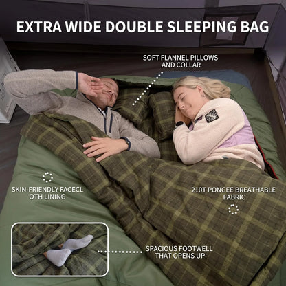 Flannel Two Person Sleeping Bag with Pillows