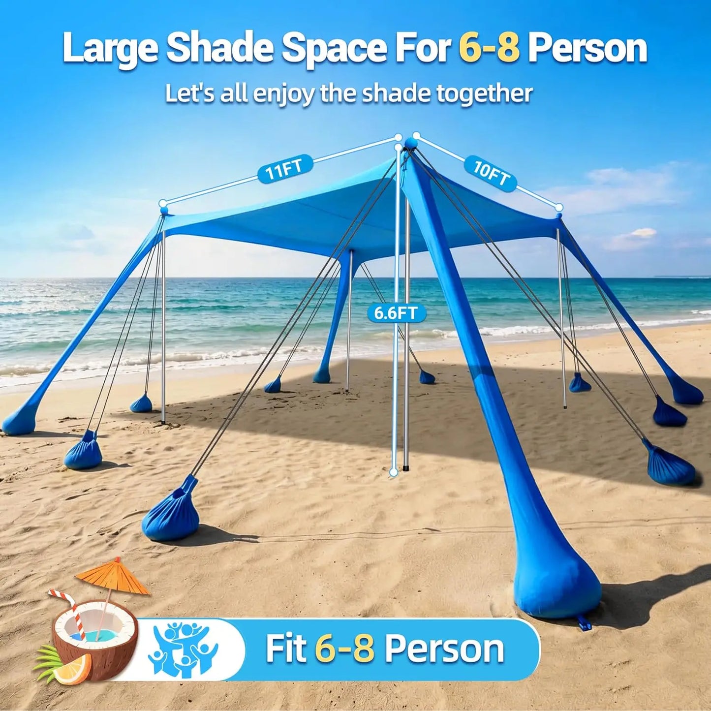 Beach Tent Sun Shelter, 11x10FT  Canopy with Sandbags