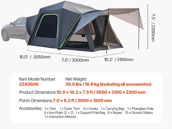 SUV Tent with Shade Awning and Mesh Windows
